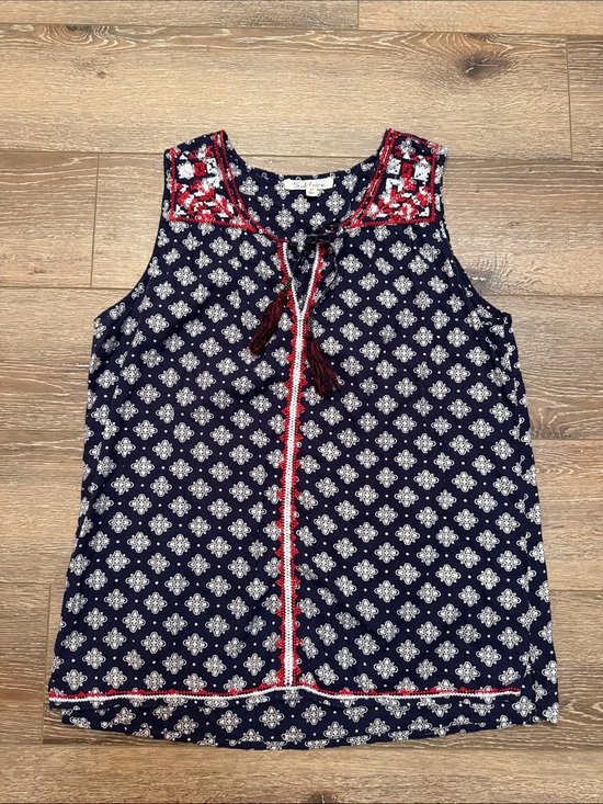 Solitaire Tops - Solitaire Navy and White Printed Sleeveless Top with Red Accent